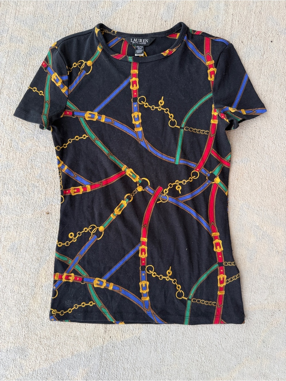 Lauren Ralph Lauren Black Chain & Belt Print Tee XXS